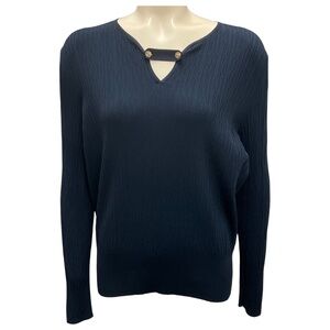CHANEL NAVY BLUE BUTTON DETAIL LONG SLEEVED RIBBED KNIT TOP